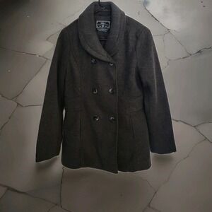 Hollyland Pea Coat Womens Medium Charcoal Grey Knit Shawl Collar Double Breasted